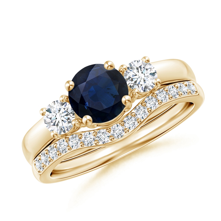 6mm A Sapphire and Diamond Three Stone Bridal Set in Yellow Gold 