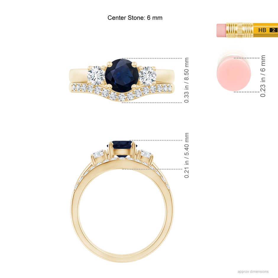 6mm A Sapphire and Diamond Three Stone Bridal Set in Yellow Gold ruler