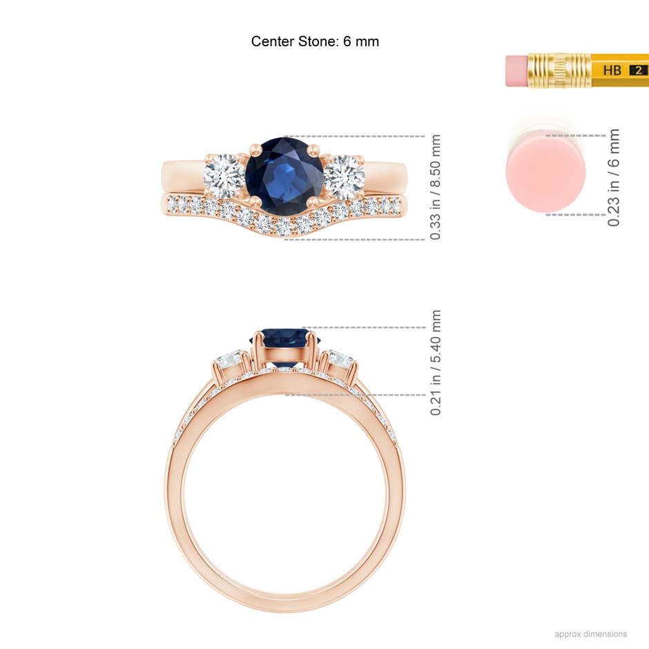 6mm AA Sapphire and Diamond Three Stone Bridal Set in Rose Gold ruler