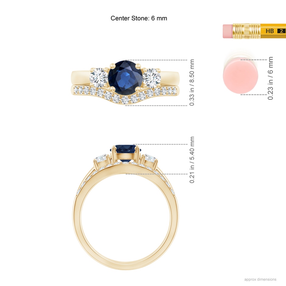 6mm AA Sapphire and Diamond Three Stone Bridal Set in Yellow Gold ruler