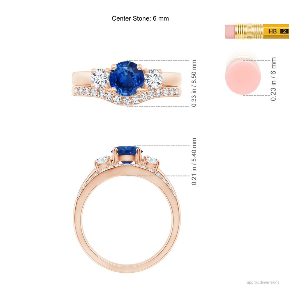 6mm AAA Sapphire and Diamond Three Stone Bridal Set in Rose Gold ruler