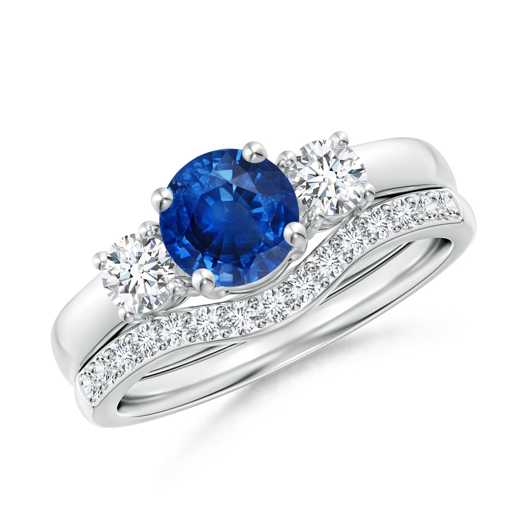 6mm AAA Sapphire and Diamond Three Stone Bridal Set in White Gold