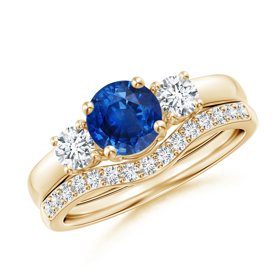 6mm AAA Sapphire and Diamond Three Stone Bridal Set in Yellow Gold 