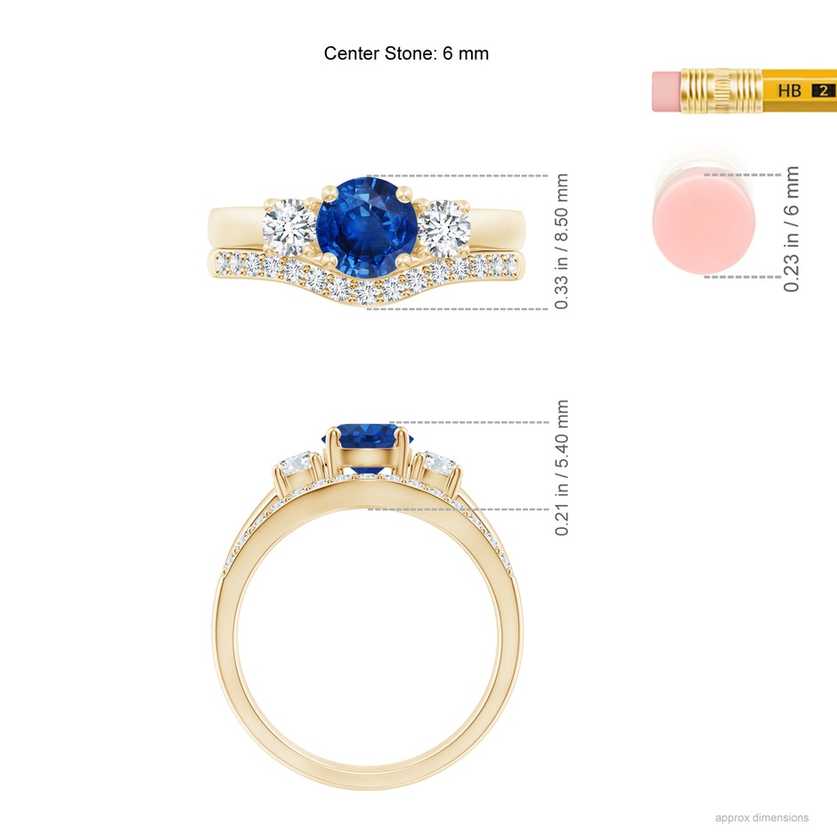 6mm AAA Sapphire and Diamond Three Stone Bridal Set in Yellow Gold ruler