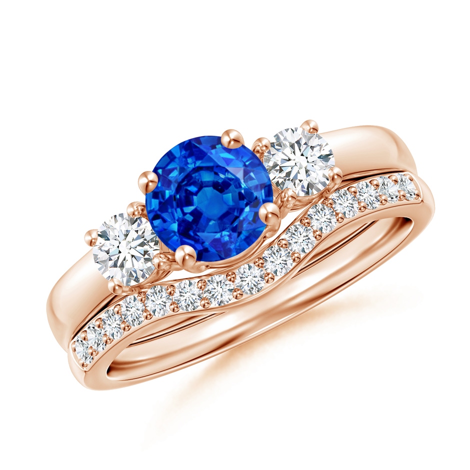 6mm AAAA Sapphire and Diamond Three Stone Bridal Set in Rose Gold 