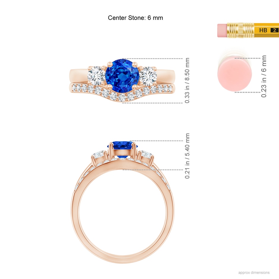 6mm AAAA Sapphire and Diamond Three Stone Bridal Set in Rose Gold ruler