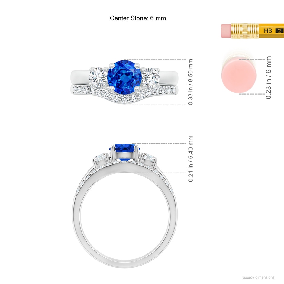6mm AAAA Sapphire and Diamond Three Stone Bridal Set in White Gold ruler