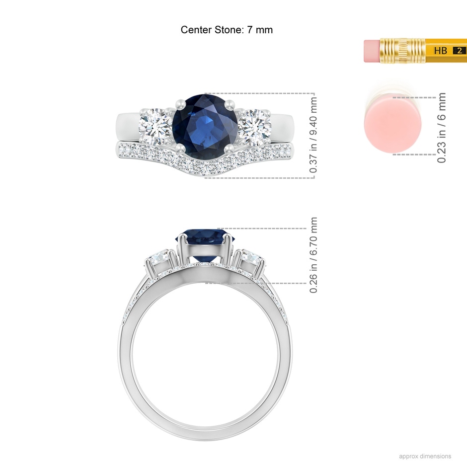 7mm AA Sapphire and Diamond Three Stone Bridal Set in P950 Platinum ruler
