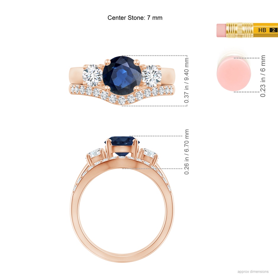 7mm AA Sapphire and Diamond Three Stone Bridal Set in Rose Gold ruler