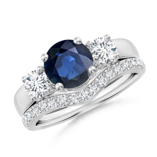 7mm AA Sapphire and Diamond Three Stone Bridal Set in White Gold