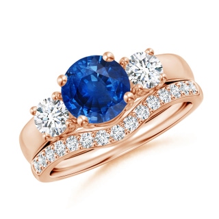 7mm AAA Sapphire and Diamond Three Stone Bridal Set in Rose Gold