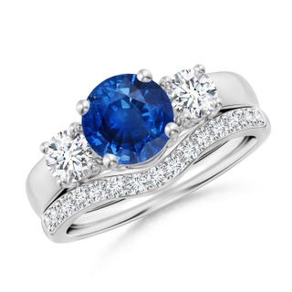 7mm AAA Sapphire and Diamond Three Stone Bridal Set in White Gold