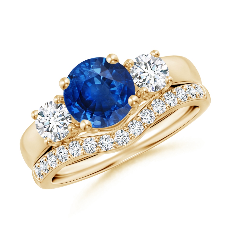 7mm AAA Sapphire and Diamond Three Stone Bridal Set in Yellow Gold 