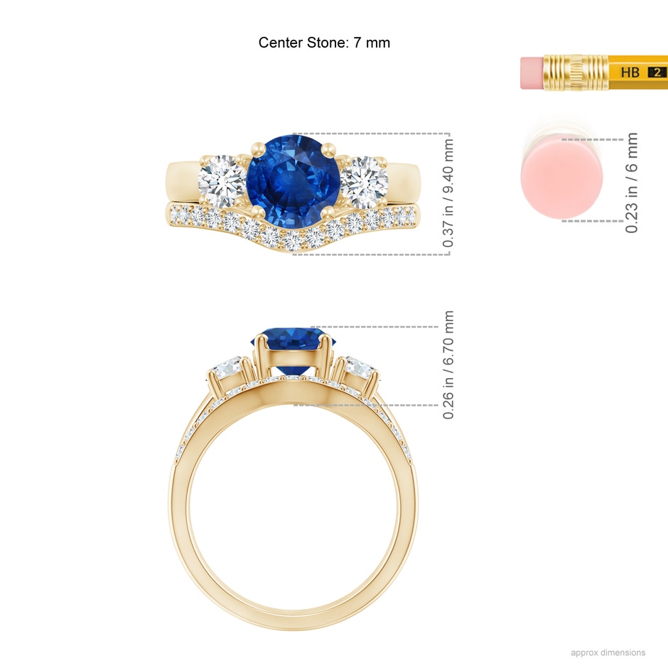 7mm AAA Sapphire and Diamond Three Stone Bridal Set in Yellow Gold ruler