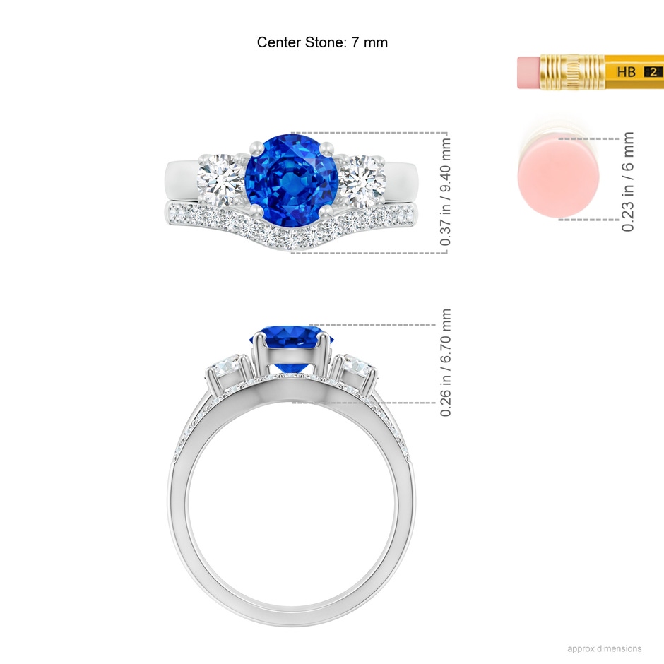 7mm AAAA Sapphire and Diamond Three Stone Bridal Set in P950 Platinum ruler