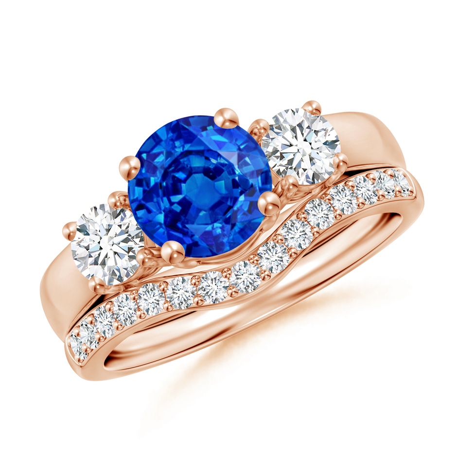 7mm AAAA Sapphire and Diamond Three Stone Bridal Set in Rose Gold 