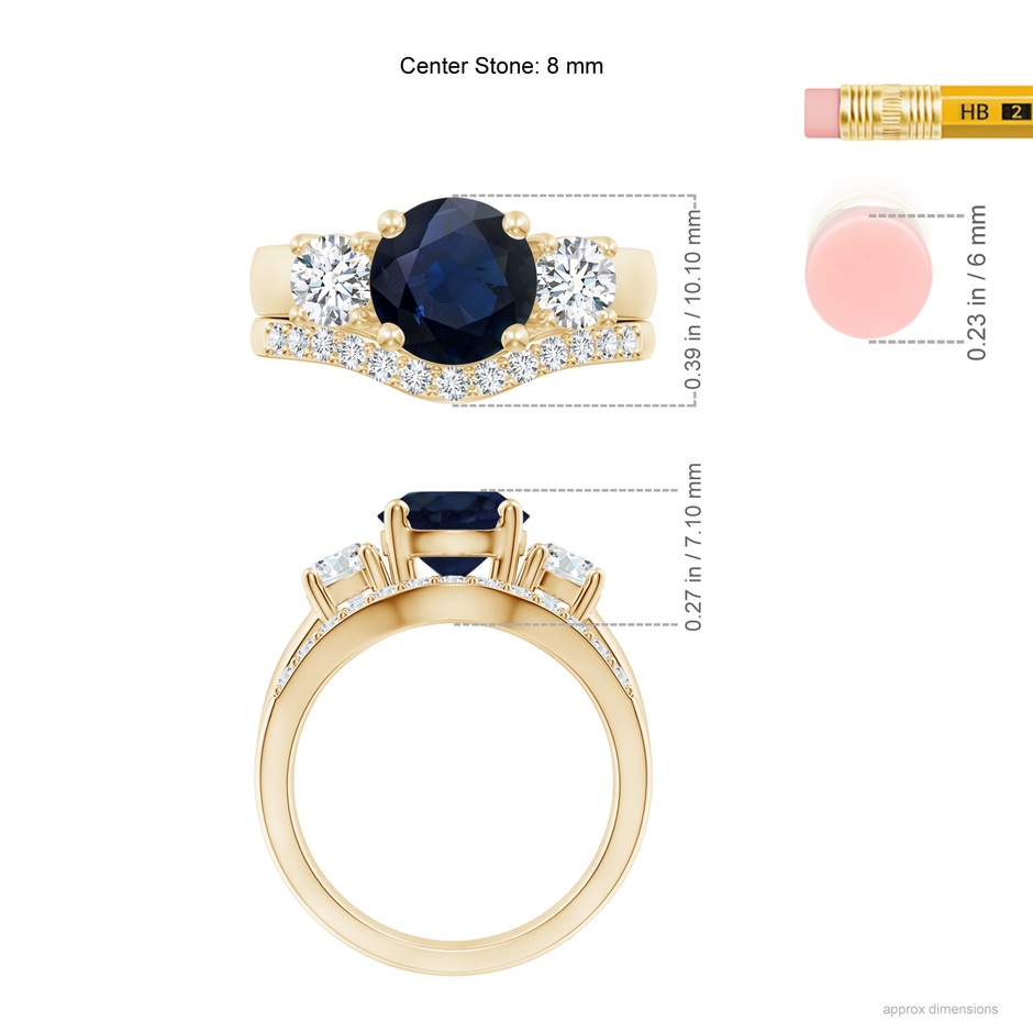 8mm A Sapphire and Diamond Three Stone Bridal Set in Yellow Gold ruler