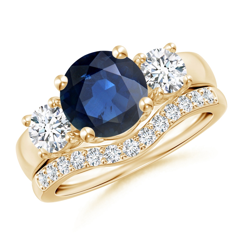 8mm AA Sapphire and Diamond Three Stone Bridal Set in Yellow Gold 