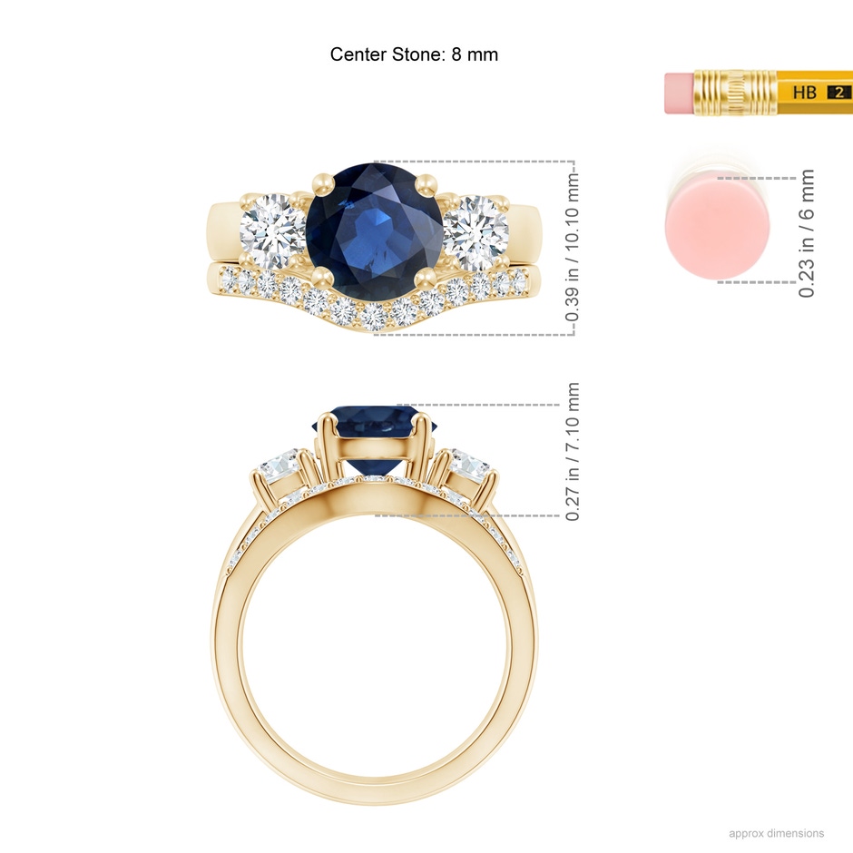 8mm AA Sapphire and Diamond Three Stone Bridal Set in Yellow Gold ruler