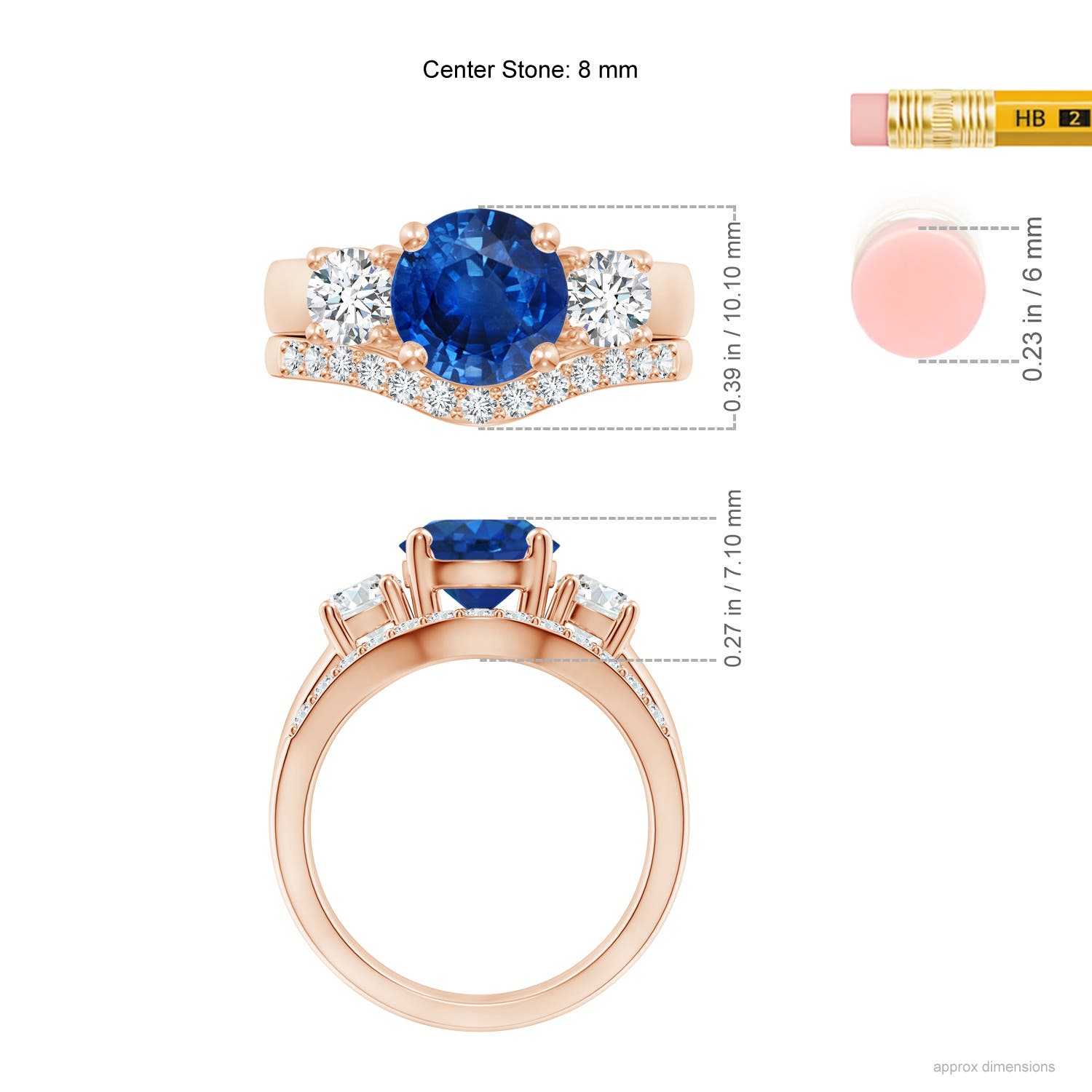 8mm AAA Sapphire and Diamond Three Stone Bridal Set in Rose Gold - ruler