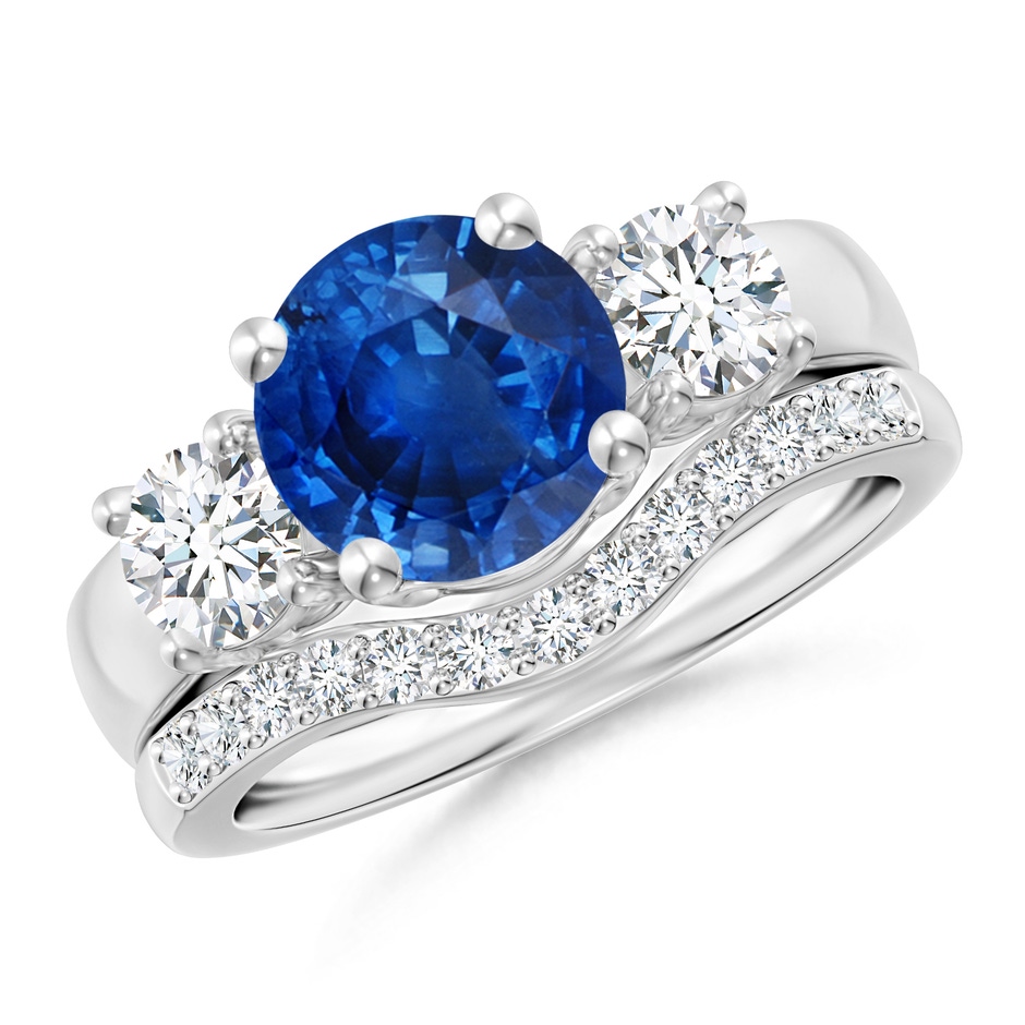 8mm AAA Sapphire and Diamond Three Stone Bridal Set in White Gold 