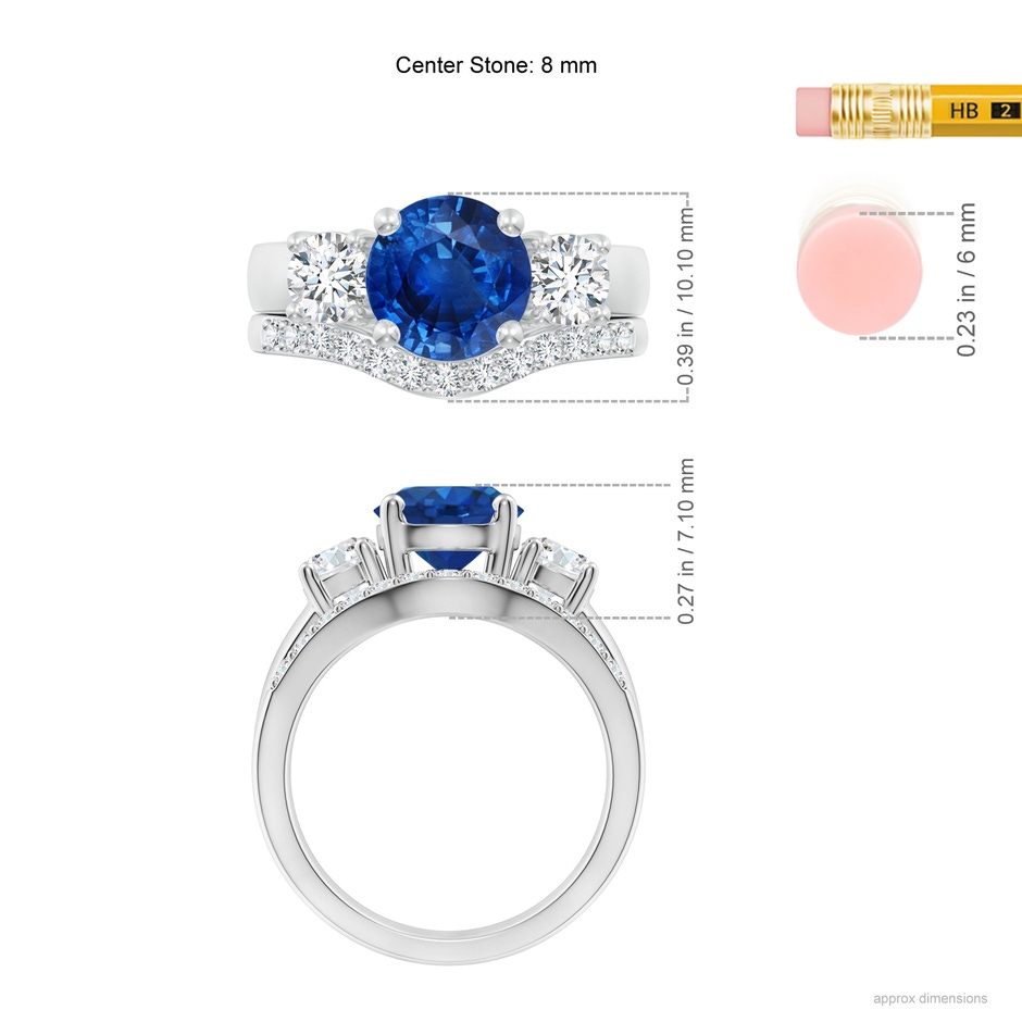 8mm AAA Sapphire and Diamond Three Stone Bridal Set in White Gold ruler