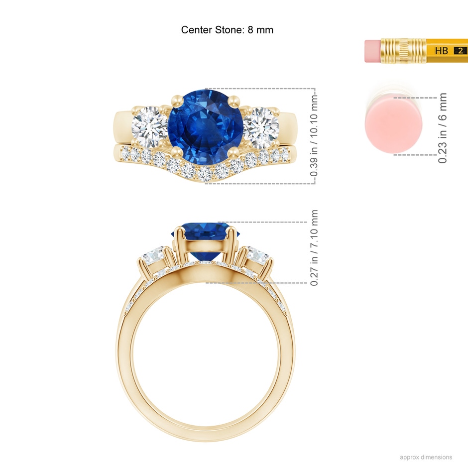 8mm AAA Sapphire and Diamond Three Stone Bridal Set in Yellow Gold ruler
