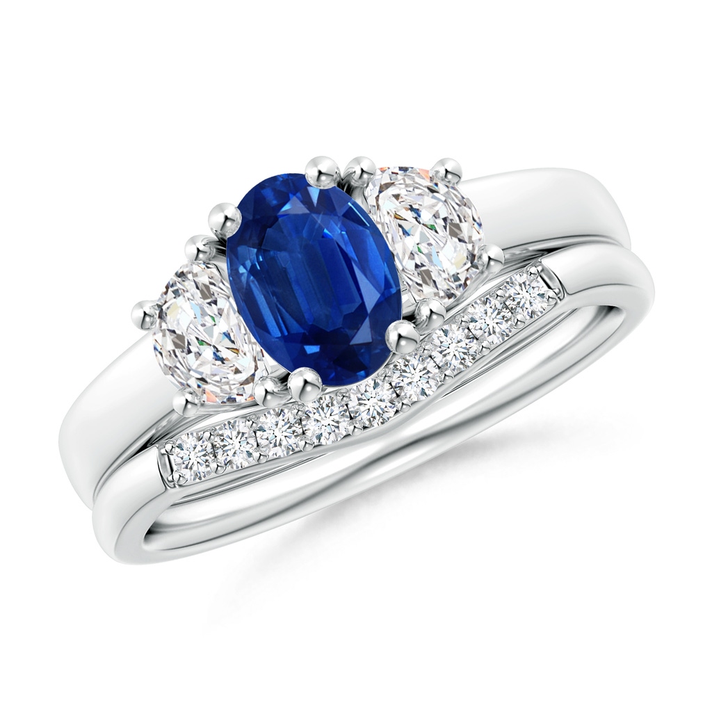 7x5mm AAA Classic Sapphire and Diamond Three Stone Bridal Set in White Gold