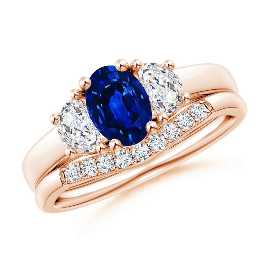 7x5mm Lab-Grown Classic Sapphire and Diamond Three Stone Bridal Set in Rose Gold 