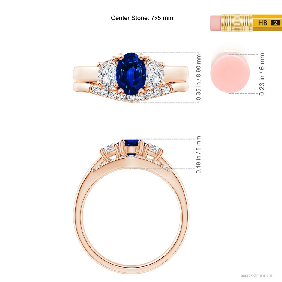 7x5mm Lab-Grown Classic Sapphire and Diamond Three Stone Bridal Set in Rose Gold ruler