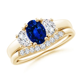 7x5mm AAAA Classic Sapphire and Diamond Three Stone Bridal Set in Yellow Gold