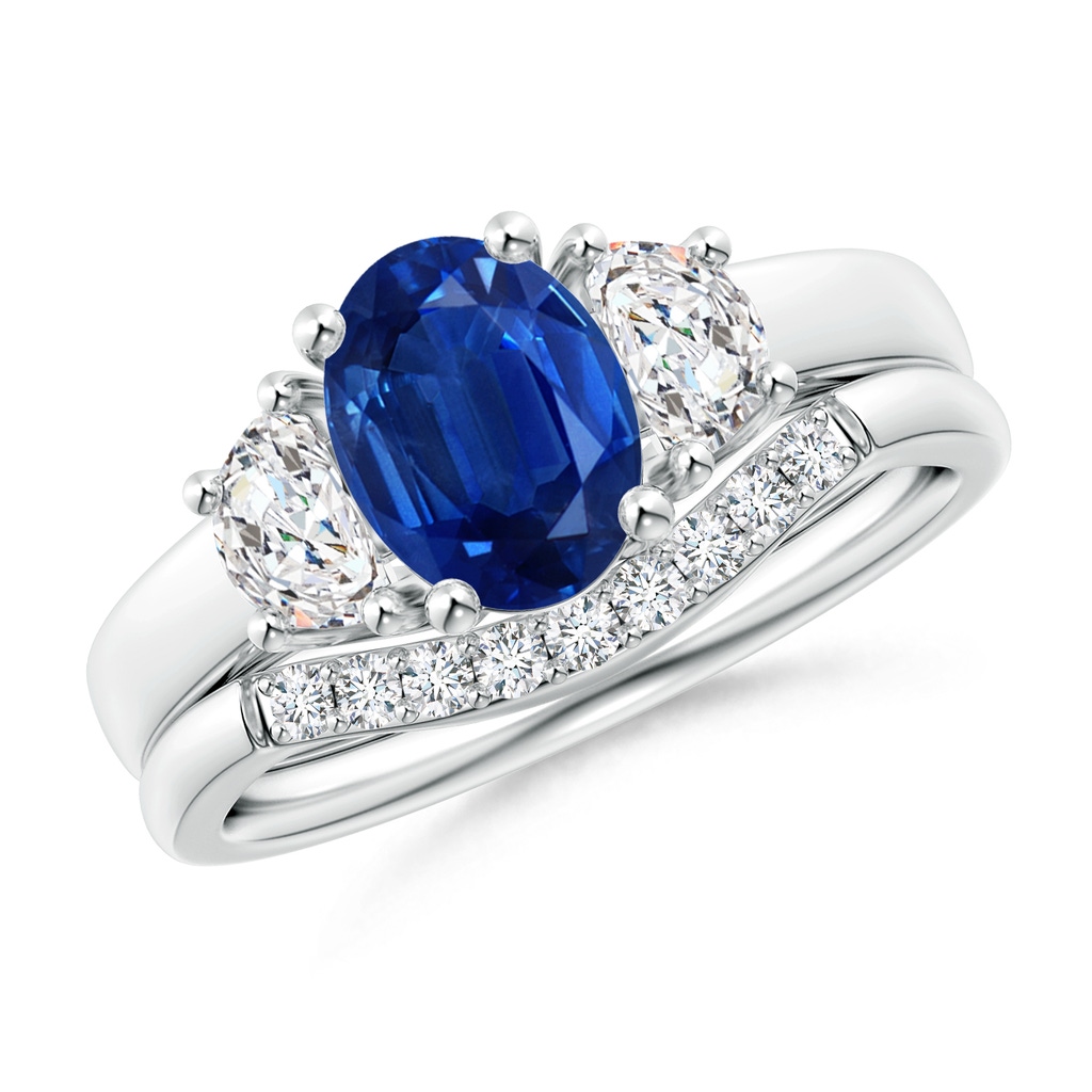 8x6mm AAA Classic Sapphire and Diamond Three Stone Bridal Set in White Gold