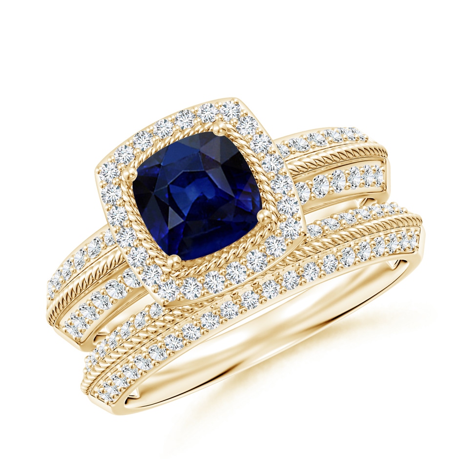 6mm AAA Sapphire and Diamond Twisted Rope Vintage Style Bridal Set in Yellow Gold 