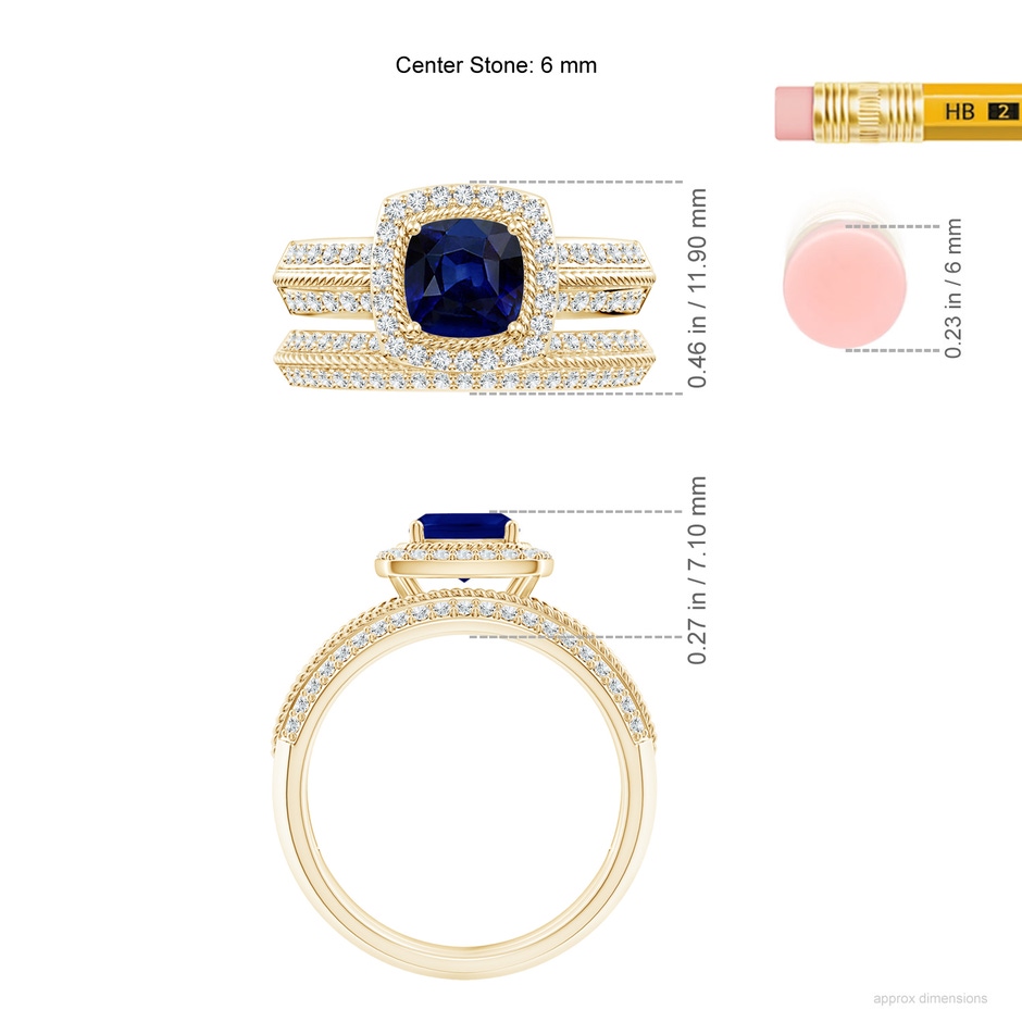 6mm AAA Sapphire and Diamond Twisted Rope Vintage Style Bridal Set in Yellow Gold ruler