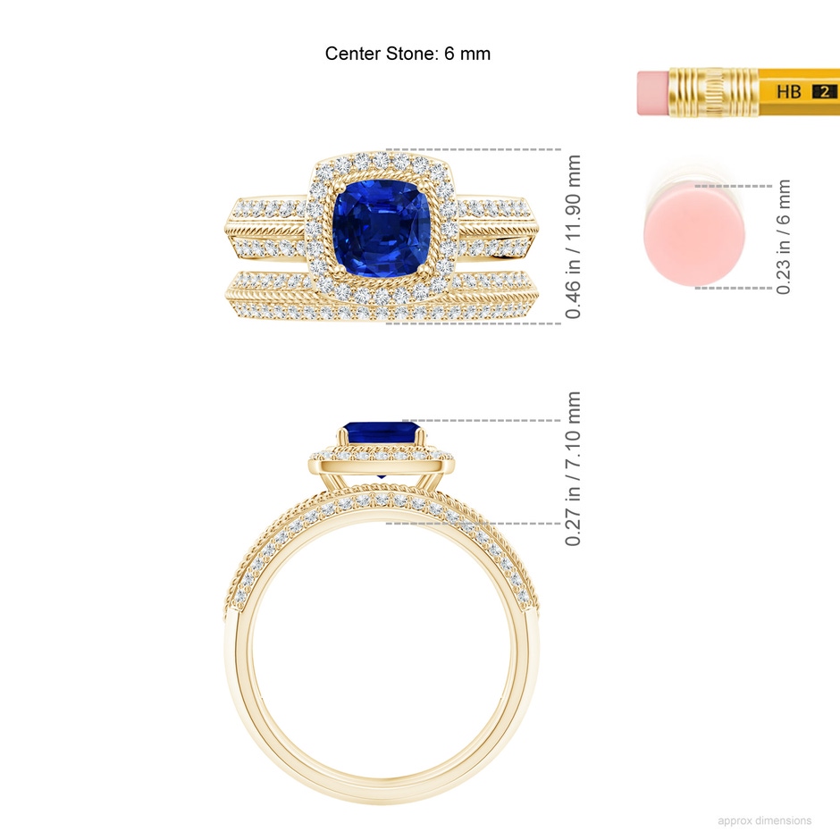 6mm AAAA Sapphire and Diamond Twisted Rope Vintage Style Bridal Set in Yellow Gold ruler