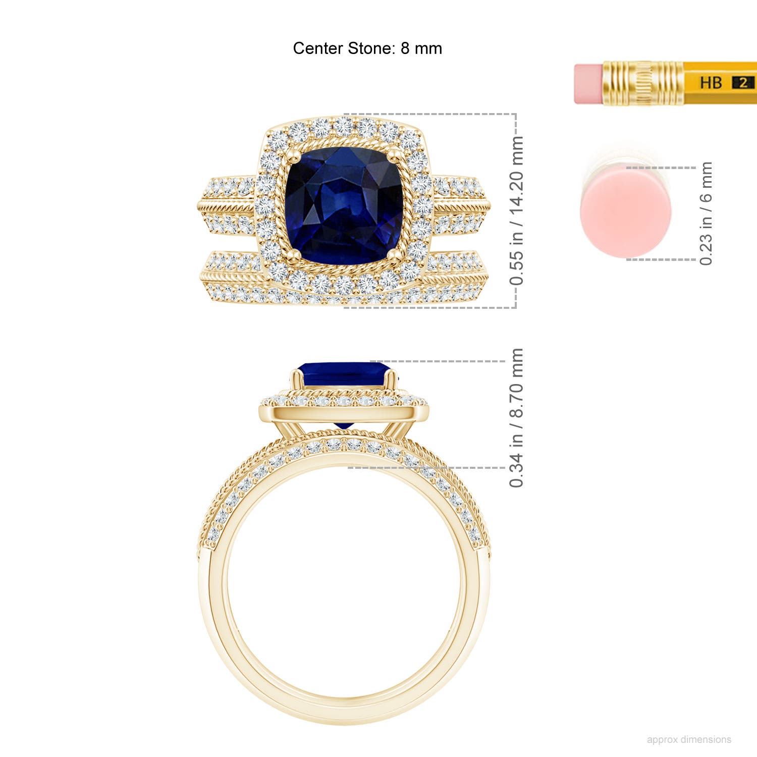 8mm AAA Sapphire and Diamond Twisted Rope Vintage Style Bridal Set in 18K Yellow Gold - ruler