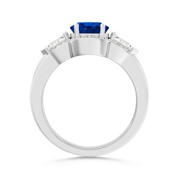 9x7mm AAA Three Stone Sapphire and Diamond Wedding Band Ring Set in White Gold Product Image