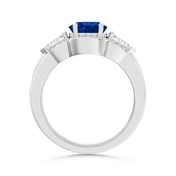 9x7mm AAA Three Stone Sapphire and Diamond Wedding Band Ring Set in White Gold product image