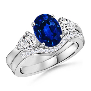 9x7mm AAAA Three Stone Sapphire and Diamond Wedding Band Ring Set in P950 Platinum