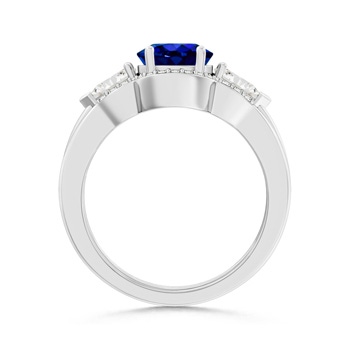 9x7mm AAAA Three Stone Sapphire and Diamond Wedding Band Ring Set in White Gold Product Image