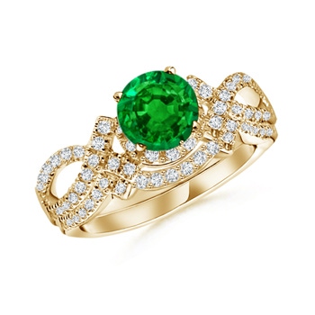 6.5mm AAAA Emerald Engagement Ring With Matching Diamond Band in Yellow Gold