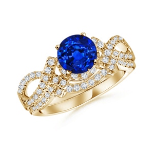 5.5mm AAAA Sapphire Engagement Ring With Matching Diamond Band in Yellow Gold
