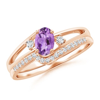 6x4mm A Oval Amethyst and Diamond Wedding Band Ring Set in 10K Rose Gold