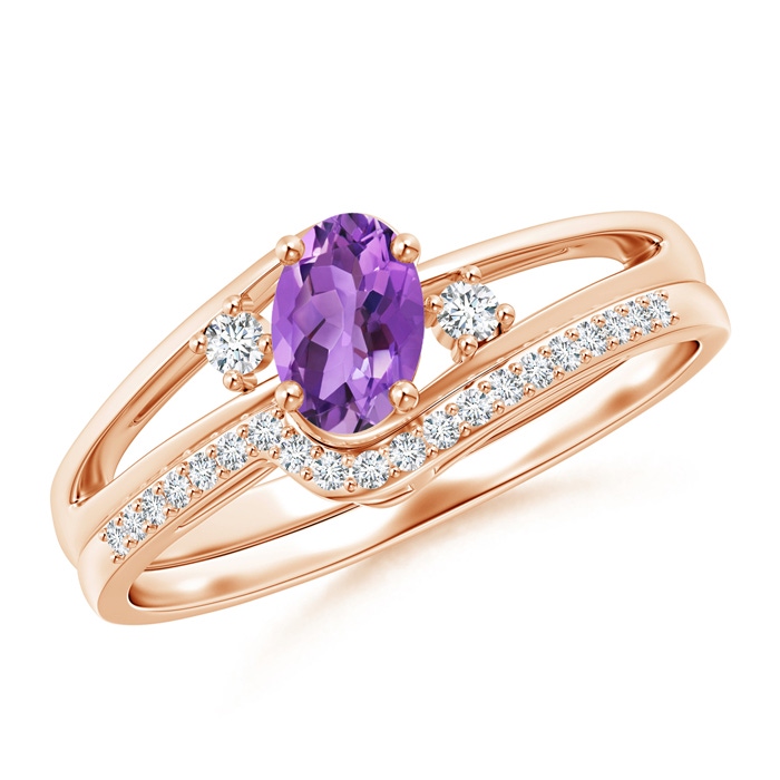 6x4mm AA Oval Amethyst and Diamond Wedding Band Ring Set in Rose Gold 
