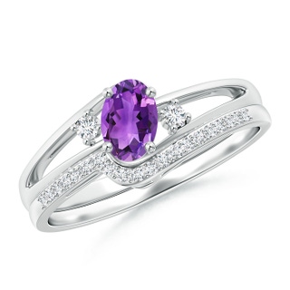 6x4mm AAA Oval Amethyst and Diamond Wedding Band Ring Set in P950 Platinum