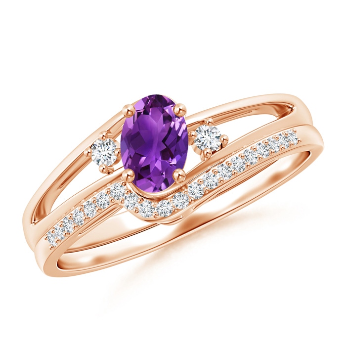 6x4mm AAAA Oval Amethyst and Diamond Wedding Band Ring Set in Rose Gold 