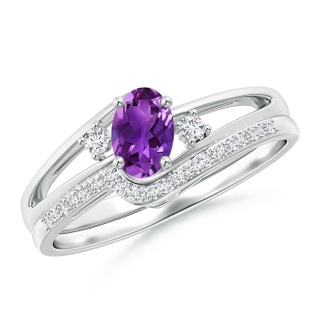6x4mm AAAA Oval Amethyst and Diamond Wedding Band Ring Set in White Gold