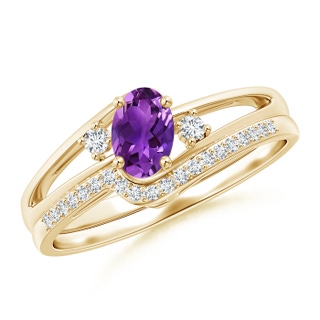 6x4mm AAAA Oval Amethyst and Diamond Wedding Band Ring Set in Yellow Gold
