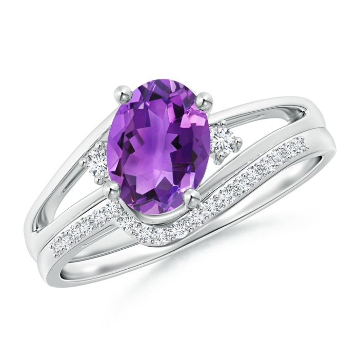 8x6mm AAA Oval Amethyst and Diamond Wedding Band Ring Set in White Gold 