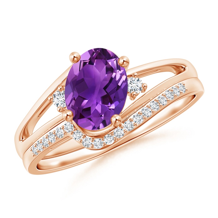 8x6mm AAAA Oval Amethyst and Diamond Wedding Band Ring Set in Rose Gold 